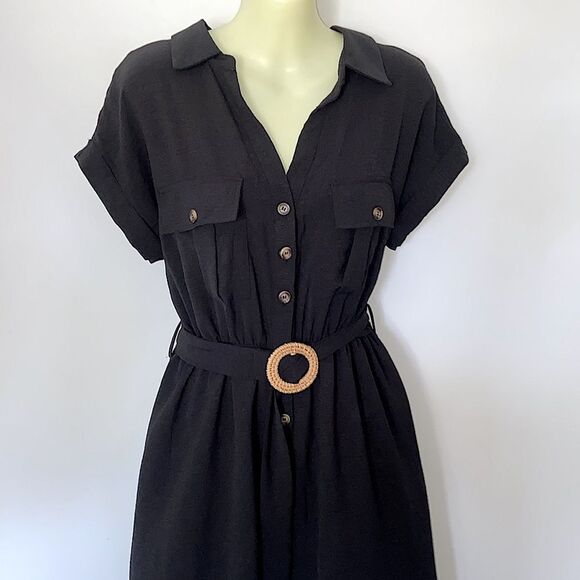 Blu Pepper Mine Black Dress Button Front Matching Belt Midi NWT Sz Medium - Picture 3 of 9